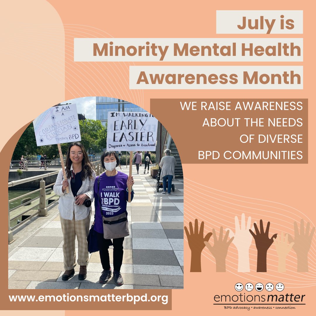 July is Minority Mental Health Awareness Month. People from minority communities with borderline personality disorder often experience trauma which can mask or increase symptoms. To learn more about historical disparities in minority mental health: mhanational.org/issues/black-a…