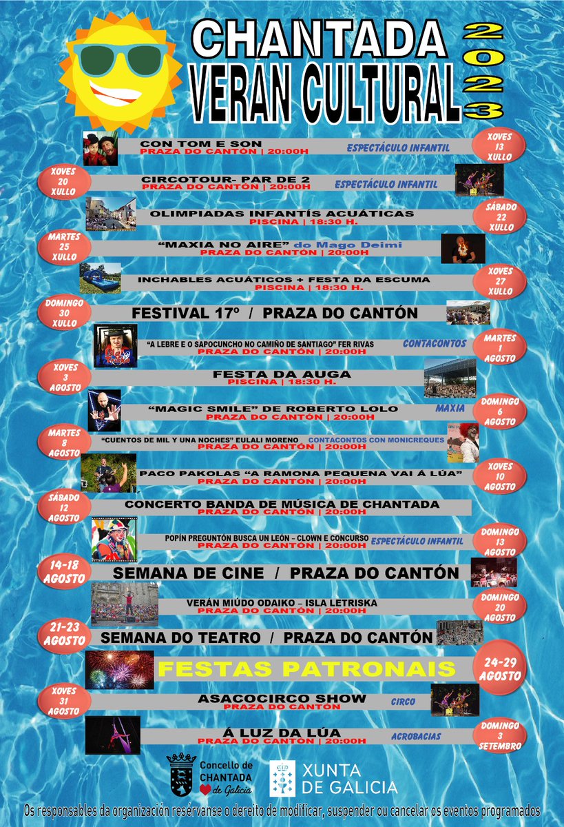 ChantadaConcell's tweet photo. 🌞 Verán Cultural de Chantada! 
Hoxe ás 20:00 h.  na praza do Cantón "Con Tom e Son" inicia o Verán Cultural de Chantada! 

#VeránCulturaldeChantada para toda a familia con contos, maxia, música, cine, teatro, actividades acuáticas... na praza do Cantón e nas piscinas municipais. https://t.co/sv6PQMAhnZ