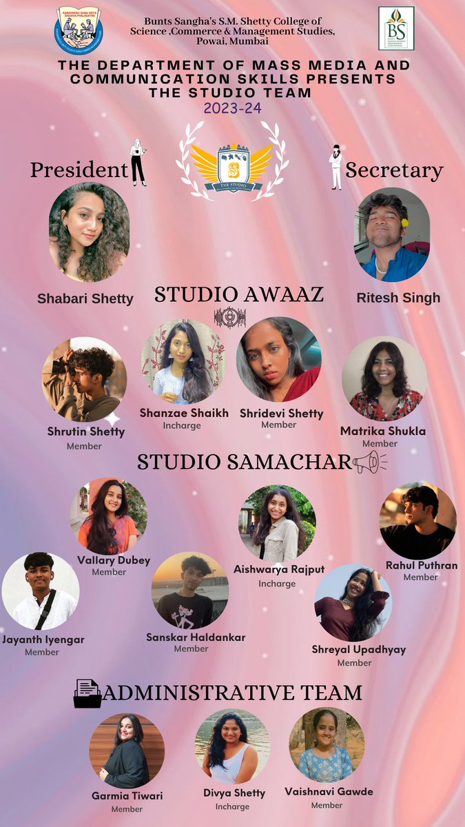 smshettybammc's tweet photo. We are thrilled to present to you the marvelous Studio Team of 2023-2024! 🎉
Within the BAMMC department, the Studio is a vibrant and enthusiastic group that believes in the power of imagination and limitless creativity.
#BAMMC #Studio #smshettycollege #massmedia #advertising https://t.co/ihq6SzZPgD