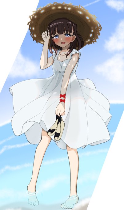夏っぽい白ワンピ麦わら帽子の佐久間まゆちゃん 