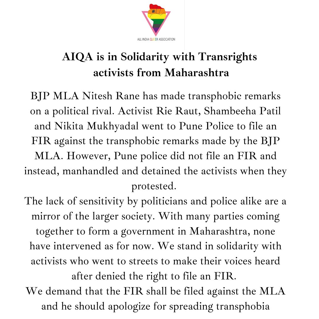 In solidarity with trans rights activists from Maharashtra who raised their voices against transphobic remarks of BJP MLA Nitesh Rane. 

#stopbullying #stoptransphobia