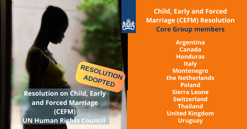 📣 Today the @UN_HRC adopted by consensus the #KingdomNL-led resolution to end and prevent Child, Early and #ForcedMarriage. A strong commitment from the international community💪! We 🙏the 71 States, the core group and Members of the Council that supported the resolution #HRC53!