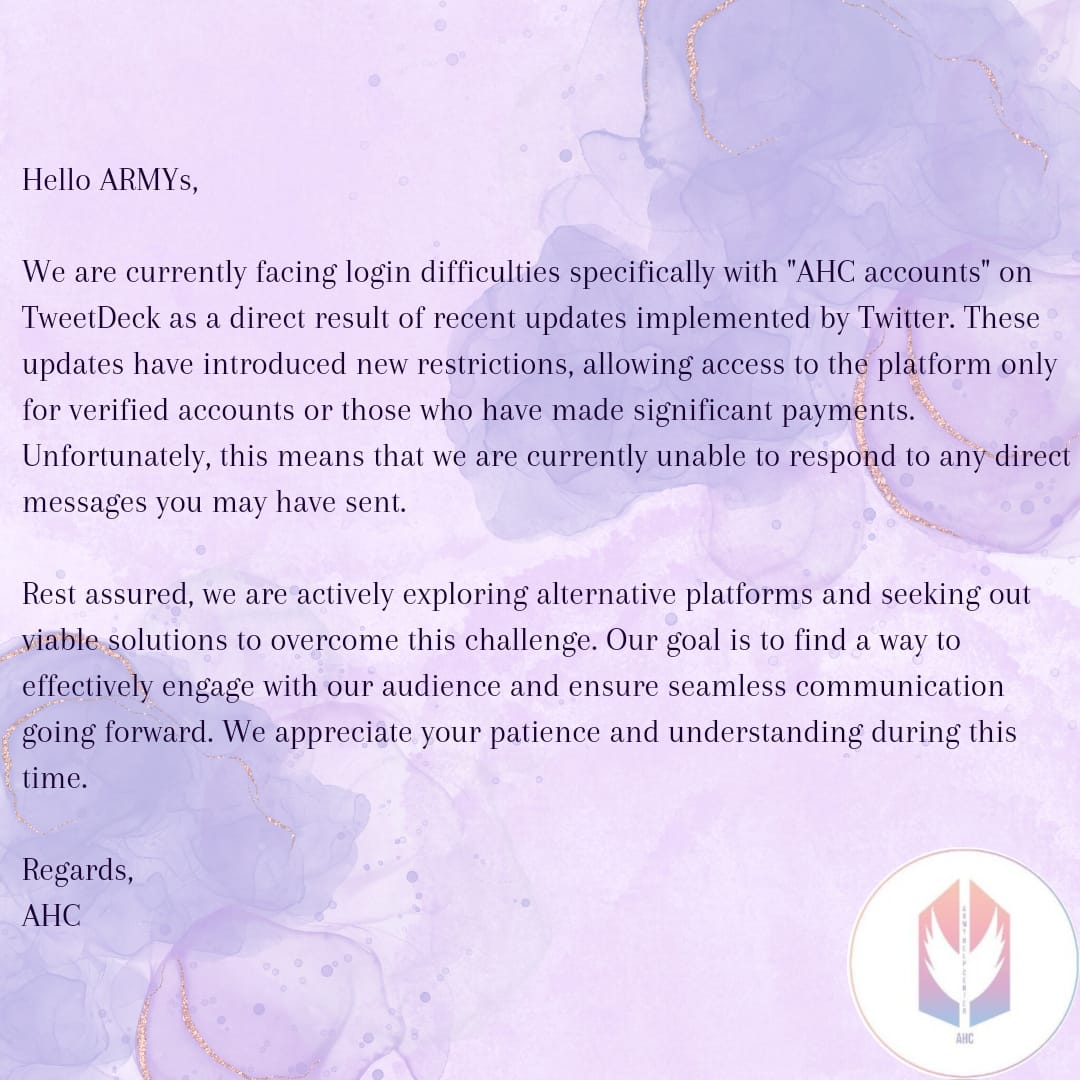 BTS_AHC_ISA's tweet photo. Hello ARMY!

We wanted to give you an update about our current challenges.

💜 https://t.co/xEjOJLYocL