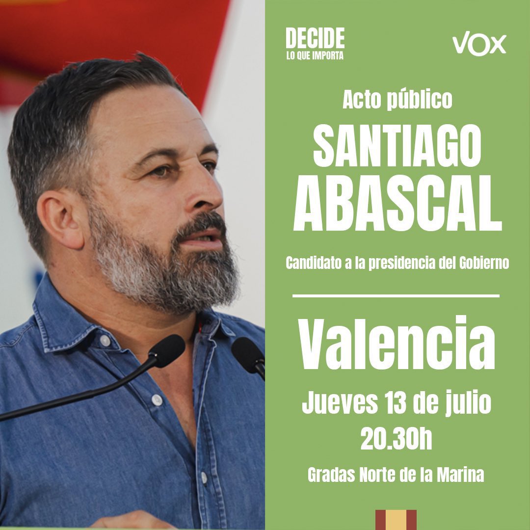 vox_es's tweet photo. ¡@Santi_ABASCAL sigue recorriendo toda España! 

📍 HOY ➡️ VALENCIA 
📍 Viernes 14 ➡️ PALMA 
📍 Sábado 15 ➡️ GUADALAJARA 

¡Te esperamos! 

#VotaLoQueImporta 💪🇪🇸 https://t.co/Jk1nrfJ114
