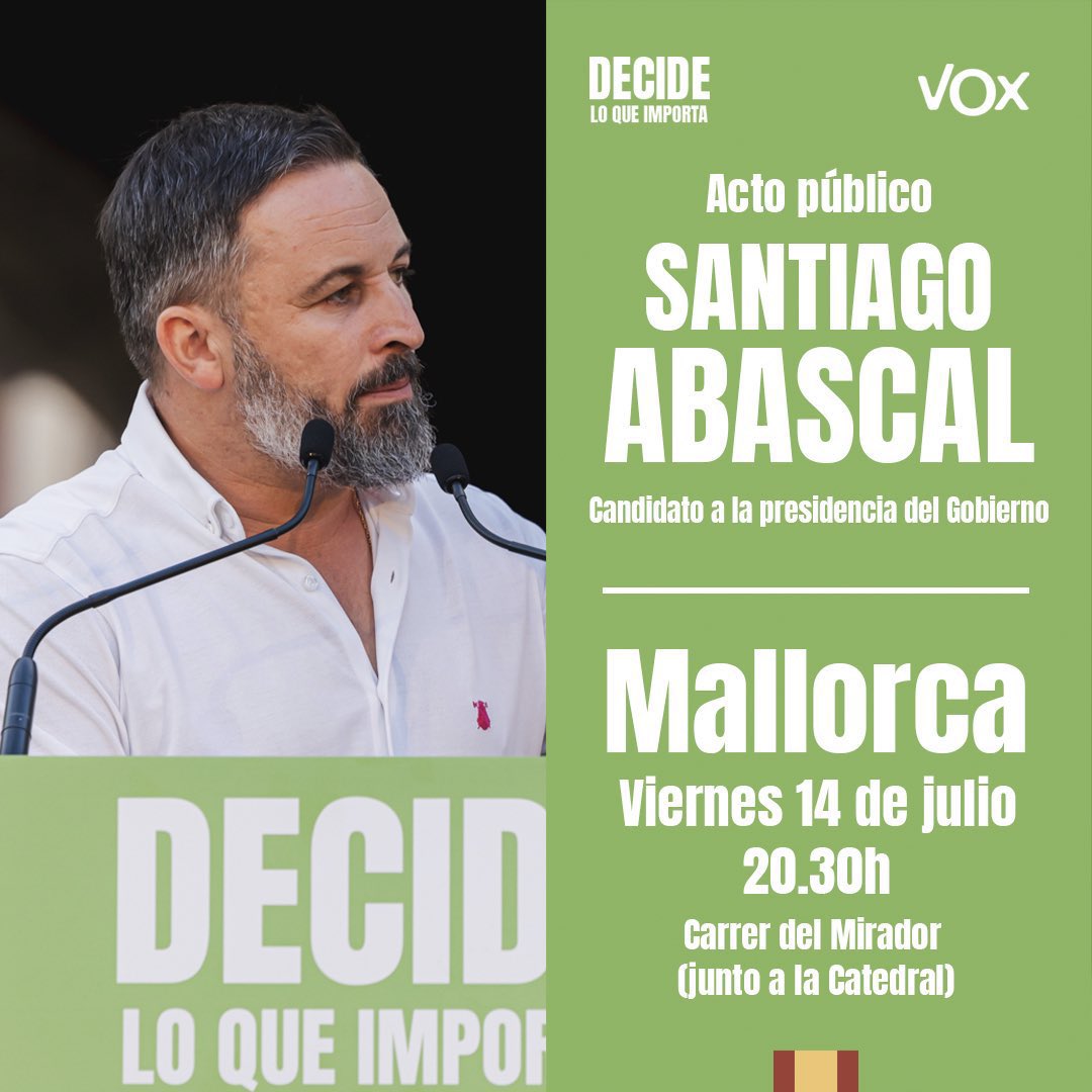 vox_es's tweet photo. ¡@Santi_ABASCAL sigue recorriendo toda España! 

📍 HOY ➡️ VALENCIA 
📍 Viernes 14 ➡️ PALMA 
📍 Sábado 15 ➡️ GUADALAJARA 

¡Te esperamos! 

#VotaLoQueImporta 💪🇪🇸 https://t.co/Jk1nrfJ114