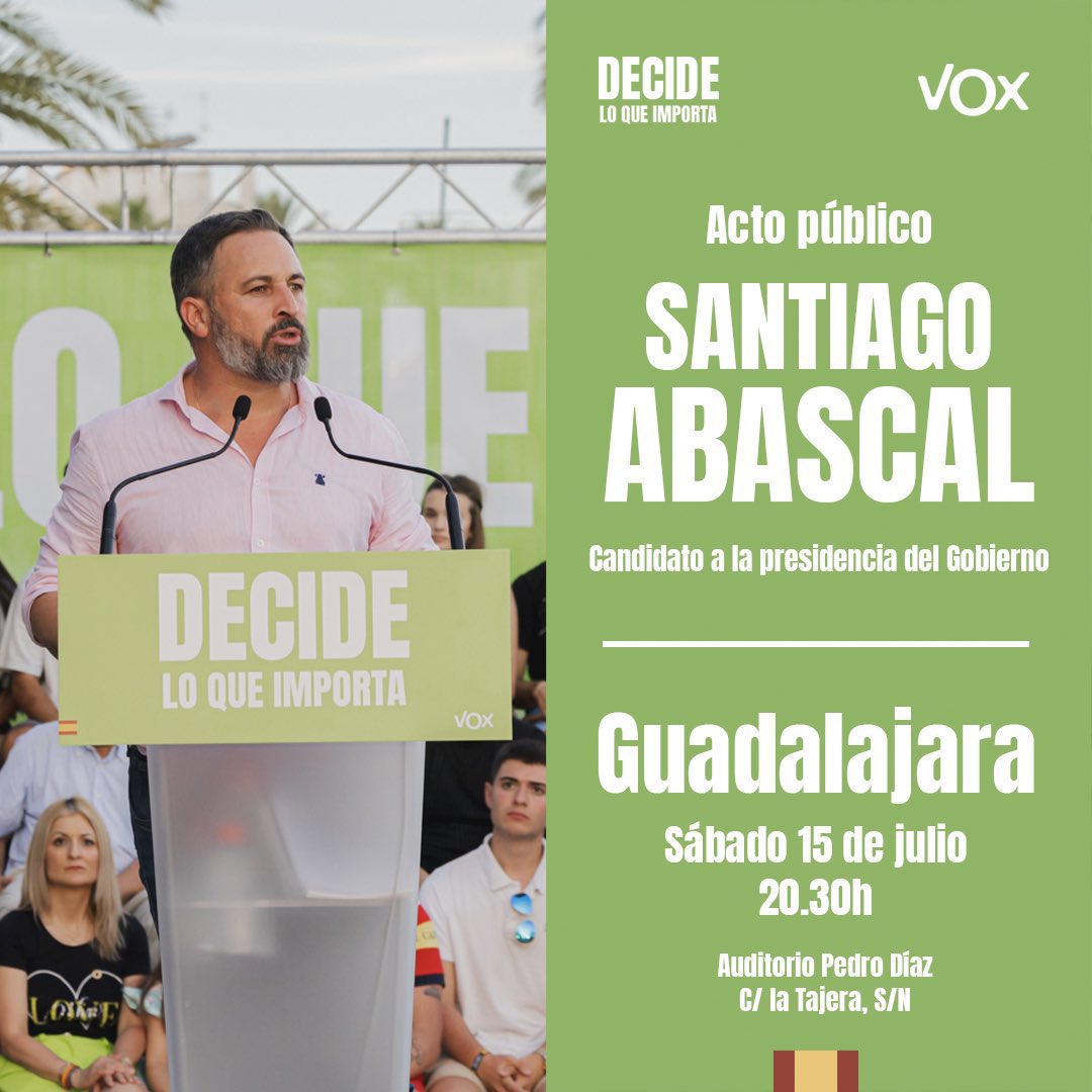 vox_es's tweet photo. ¡@Santi_ABASCAL sigue recorriendo toda España! 

📍 HOY ➡️ VALENCIA 
📍 Viernes 14 ➡️ PALMA 
📍 Sábado 15 ➡️ GUADALAJARA 

¡Te esperamos! 

#VotaLoQueImporta 💪🇪🇸 https://t.co/Jk1nrfJ114