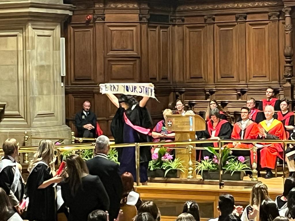 Yesterday was a ‘graduation’ like no other.

The solidarity in the room was astonishing.

Grateful to staff and fellow students at @LLCatEdinburgh for their courage. The university is nothing without US!

Love,
Your fave sash dolly xx

#UCUrising #settlethedispute #Edinburghgrad