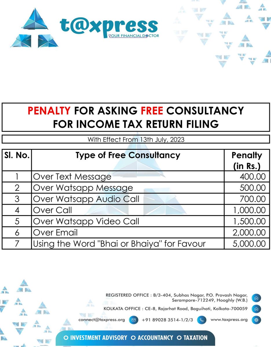 taxpressindia's tweet photo. #free #freeadvice #freeconsultation #freeconsultancy #itr #incometax #incometaxreturn #taxplanning #taxsavings #ITR
#Taxpress - Your Financial Doctor ✨️ https://t.co/kbPZAkxbmN