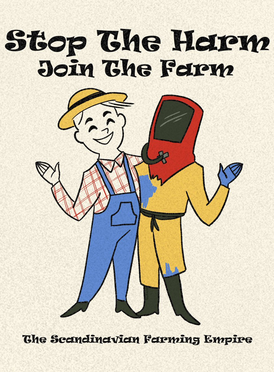 I will be partaking in a Rust tournament this weekend "Global Warfare" hosted by FancyOrb!
I will be joining the <a href="/FarmersWeed/">Weed Farmers</a> as a humble little Food Farmer.
I drew this propaganda piece, advertising our message "Stop the harm, join the farm"! 👩‍🌾
#rustartwork #rusttournament