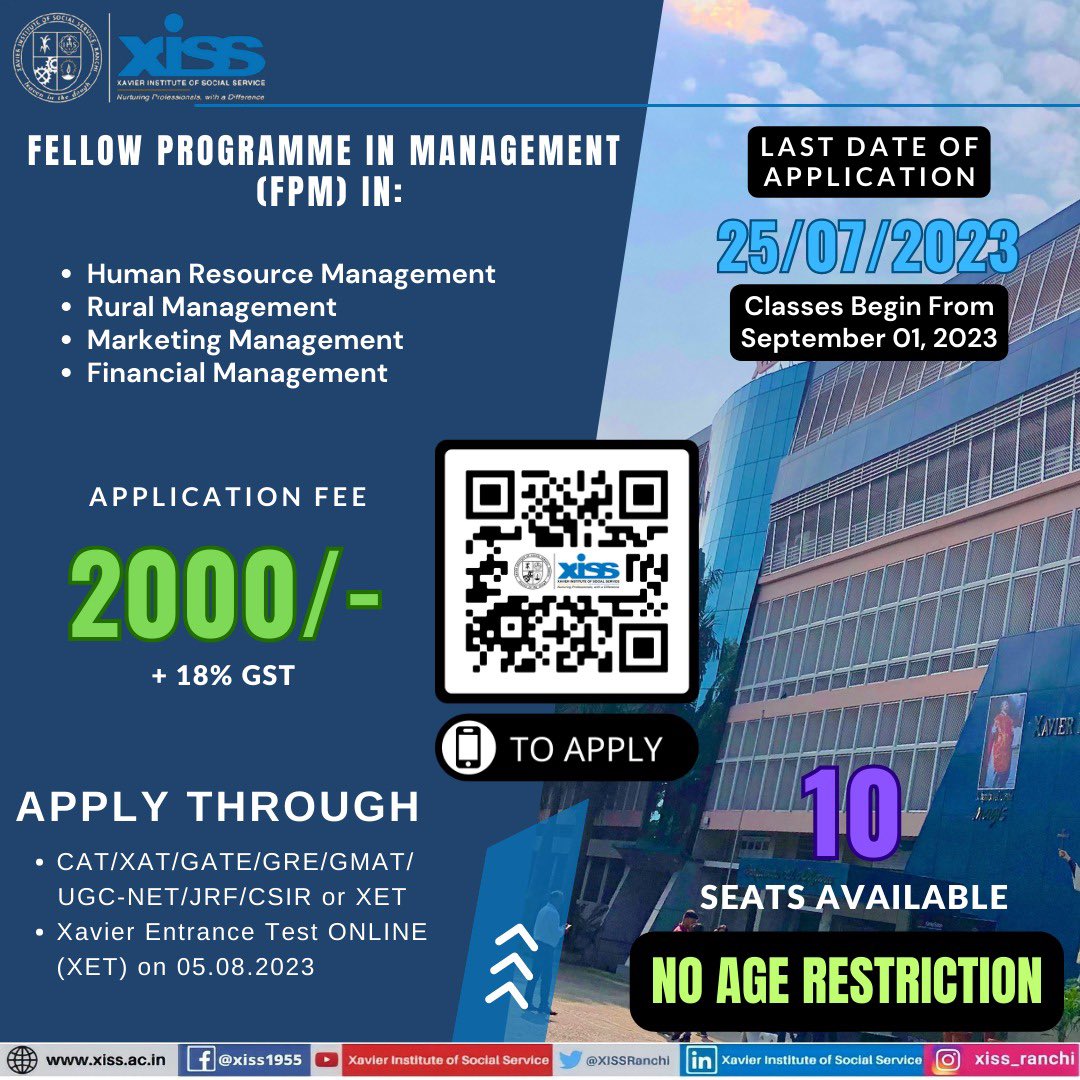 XISSRanchi's tweet photo. Join the Fellow in Management (FPM) in XISS. There are four specializations to choose from.
10 seats available. Applications open till 25 July 2023.
Hurry and apply now!
For more details, click the link:
https://t.co/0pQhgXBO1p
#Fellowprogrammeinmanagement #FPM
#xissranchi https://t.co/SrmSHl3fxA