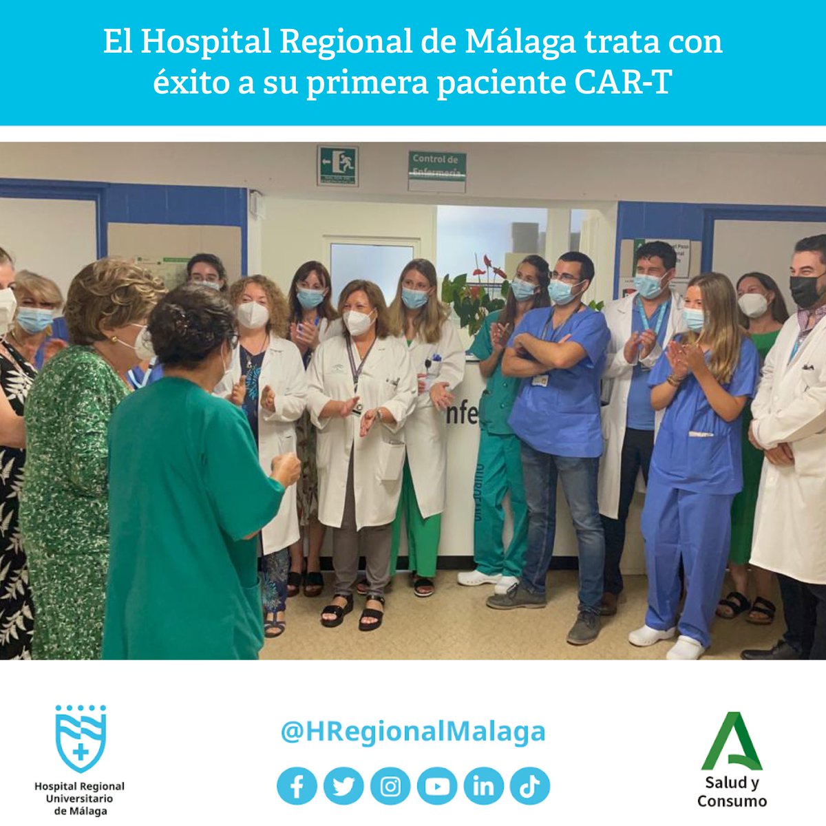 🗣️ El Hospital Regional de Málaga trata con éxito a su 𝗽𝗿𝗶𝗺𝗲𝗿𝗮 𝗽𝗮𝗰𝗶𝗲𝗻𝘁𝗲 𝗖𝗔𝗥-𝗧.
▪️Hematólogos han trabajado durante un año en implantar esta terapia pionera que modifica genéticamente las células T. 
ℹ️ bit.ly/3XNOr1w ➕
#HRUMContigo <a href="/saludand/">Consejería de Sanidad, Presidencia y Emergencias</a>