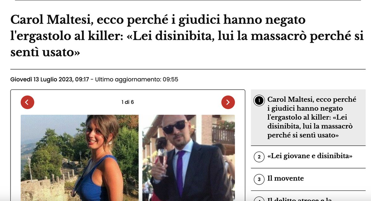Presa a martellate, sgozzata, fatta a pezzi, rinchiusa in un congelatore e poi gettata via in quattro sacchi neri. Ma l'ergastolo no perché era lei, in fondo, quella disinibita. 

Dopo la tragicomica sentenza sui #10secondi, questa. Non è un Paese per donne. #CarolMaltesi