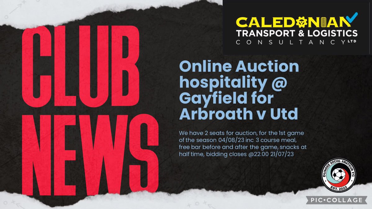 The club are happy to announce one of our sponsors have kindly donated a hospitality package for two for Arbroath v Dundee United on the first game of season. This will go to the highest bidder. Bidding closes 21/07/23. Massive thanks to Caledonian Transport &amp; Logistics.