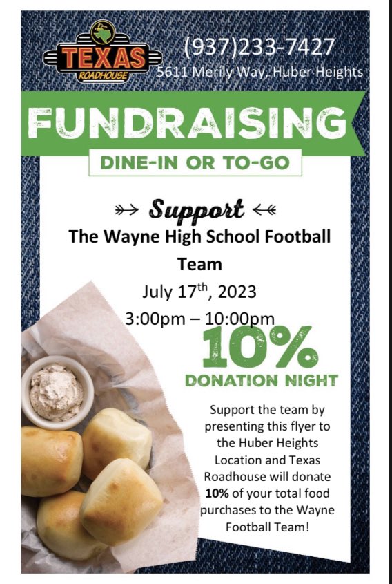 Please support Warrior Football by dining-in or getting carryout from the Huber Heights Texas Roadhouse on Monday, July 17th from 3pm-10pm. 

Remember to mention this fundraiser and we will receive 10% of your total food order. https://t.co/CsbMr1ZHLl