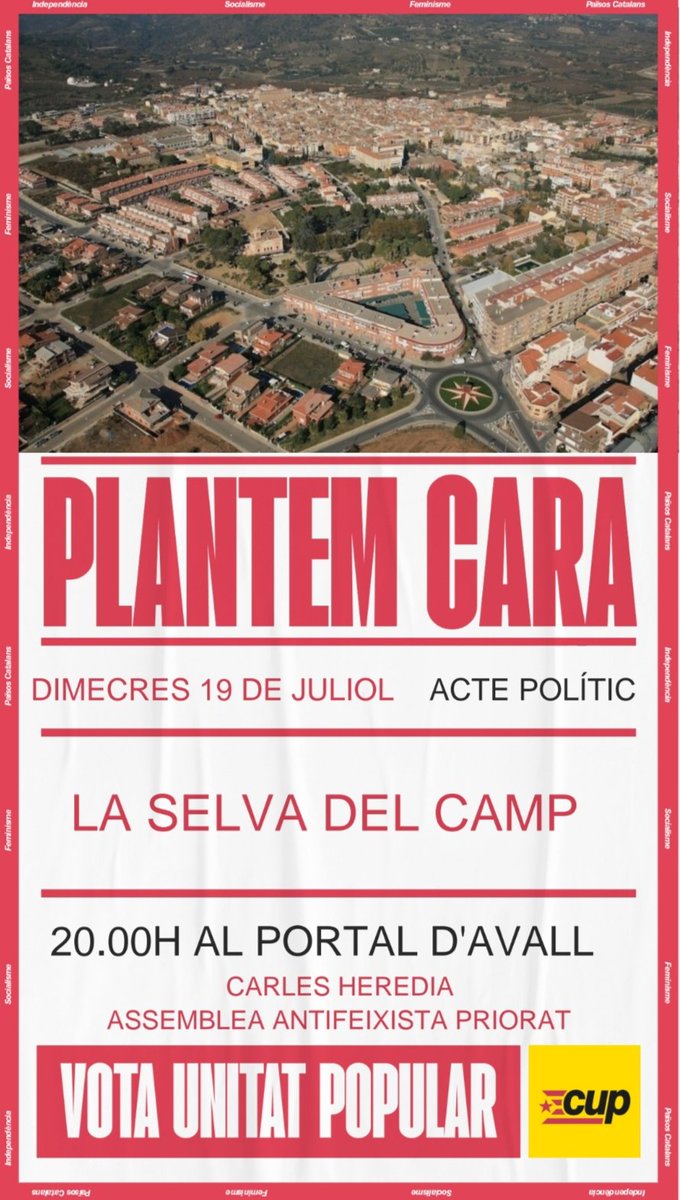 CUP la Selva del Camp (@cuplaselva) on Twitter photo 🔥#plantemcara al feixisme!
📅Dimecres que ve us esperem al portal per parlar de la lluita antifeixista amb <a href="/CarlesHeredia/">Carles Heredia</a> i membres de l'assemblea antifeixista del Priorat.
#23J 🔥#plantemcara al feixisme!
📅Dimecres que ve us esperem al portal per parlar de la lluita antifeixista amb <a href="/CarlesHeredia/">Carles Heredia</a> i membres de l'assemblea antifeixista del Priorat.
#23J