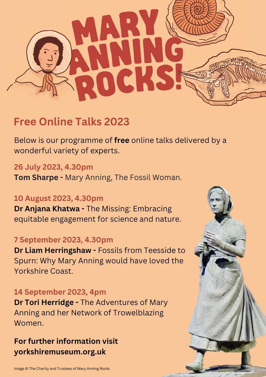 We are hosting a series of free, online talks associated with our 'Mary Anning Rocks' Exhibition. Details below 👇 and on our website - yorkshiremuseum.org.uk/exhibition/mar…