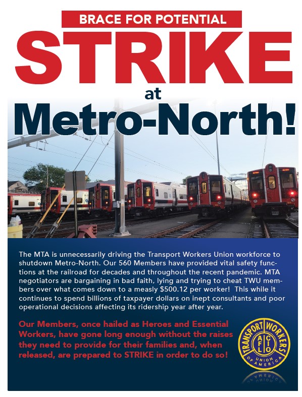 transportworker's tweet photo. If you live in NYC or CT and ride @MetroNorth call @MTA CEO Janno Lieber &amp; tell him to bargain fairly w/@TWU2001_2055. The proposal offered to these workers is a disgrace and will result in the railroad being shutdown by strike action. 212-878-7000. https://t.co/ru2ghF4fw0