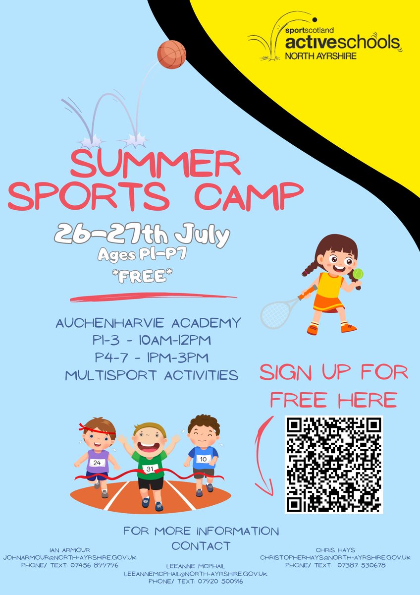 #NAParticipation 💛🖤

PLACES STILL AVAILABLE!!

Summer Multi Sports ☀
Auchenharvie Academy
10am-12pm: P1-3
1pm-3pm: P4-7
FREE

Sign up now! Closes Tuesday 18th July
forms.office.com/e/zMdUN0gRHF

<a href="/NAActiveSchools/">North Ayrshire Active Schools</a> @ActiveSchoolsCH <a href="/Caledonia_PS/">Caledonia Primary</a> <a href="/Mayfield_NAC/">Mayfield Primary</a> <a href="/HayocksPS/">Hayocks Primary School & Nursery</a> <a href="/glencairn_ps/">Glencairn PS & EYC</a>