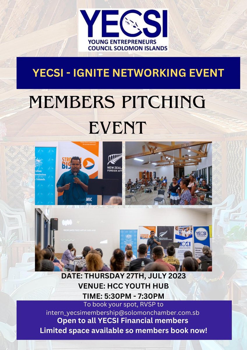 yec_si's tweet photo. YECSI Members:

📅 Save the date! Make sure to arrive before 5:30pm to kickstart the program promptly.

📧 Confirm your attendance by emailing intern_yecsimembership@solomonchamber.com.sb before July 17, 2023.

🤔 Have questions? Need more info? Don't hesitate to reach out to us. https://t.co/RLd4D5iEh3