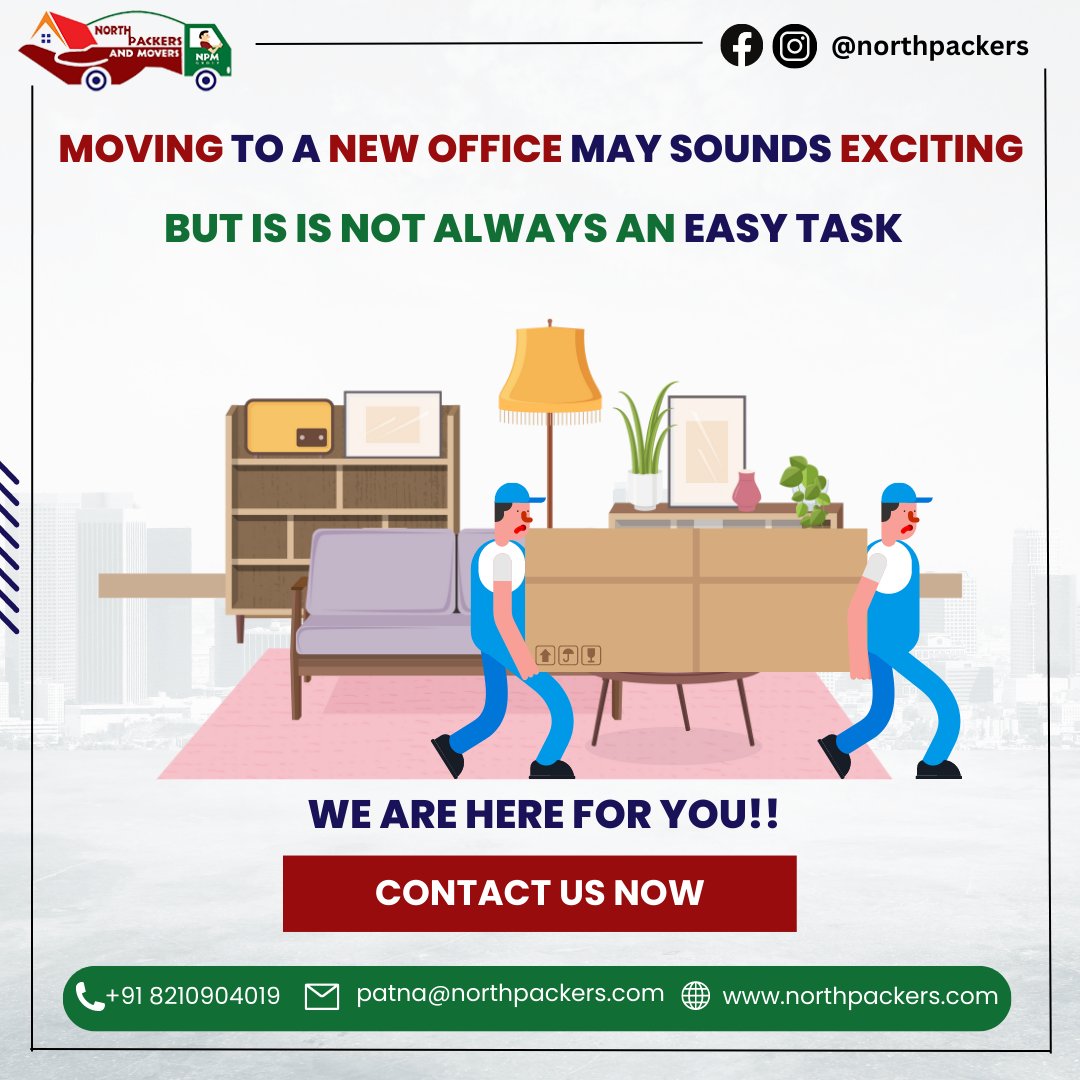 Efficiency meets excellence with North Packers and Movers – your go-to choice for office shifting services. 
+91 8210904019
 https://t.co/OU34Yf4bvz
#packersandmoverspatna #patnapackersandmovers
#instaterelocation #loading #unloading
#packersandmovers #packersandmoversindia https://t.co/4ZMZIQIZuo