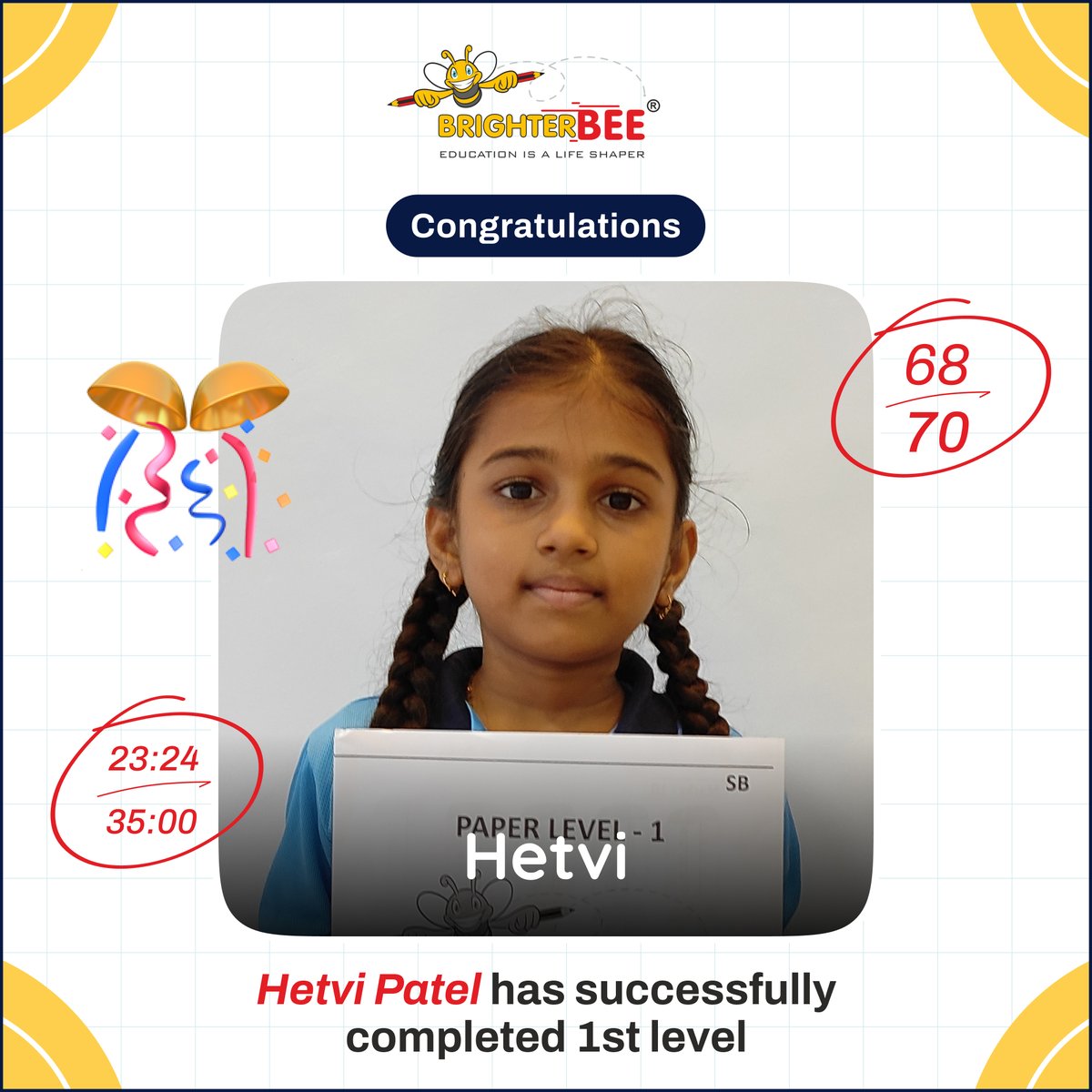 brighterbee_n's tweet image. 🌟BrighterBee Superstars Unleashed!🎉We proudly congratulate Dhiyaara, Evan, and Hetvi for completing Level 1 with flying colors, and Shiv Patel for reaching the pinnacle of math mastery in Level 3!🚀

📲 Navsari: +918320280958 for Admission

#navsari #mathquestions #mathstudent
