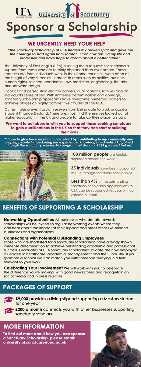 We have a new campaign running aimed at local businesses who are interested in sponsoring sanctuary scholarships, check out the info below. We also have a new fundraising page for individuals interest in supporting our work. justgiving.com/campaign/uea-u…