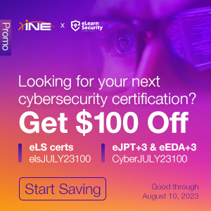ine's tweet photo. Limited time offer! ⭐️ You can now get $100 OFF any #eLearnSecurity certification voucher before August 10. https://t.co/z0Xi3R8Y4O
Take $100 off ANY eLearnSecurity voucher: elsJULY23100
Save $100 on eJPT+3 or EDA+3: CyberJULY23100
#IT #cybersecuritytraining https://t.co/RySdU2QObW
