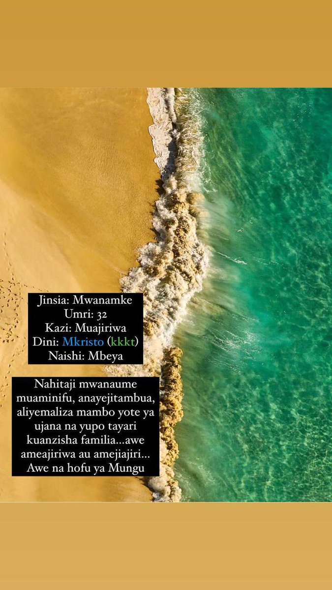 dateforsure_'s tweet photo. """ Jinsia: Mwanamke 👩🏼
Umri: 32
Kazi: Muajiriwa
Dini: Mkristo (kkkt)
Naishi: Mbeya

Nahitaji mwanaume👨🏽‍⚖️ muaminifu, anayejitambua, aliyemaliza mambo yote ya ujana....
""

UMECHOKA KUWA SINGLE? UNAHITAJI USHAURI WA MAHUSIANO AU AFYA? KARIBU WHATSAPP +255 746 193 498 ufurahie https://t.co/ILpP1ZsCEc