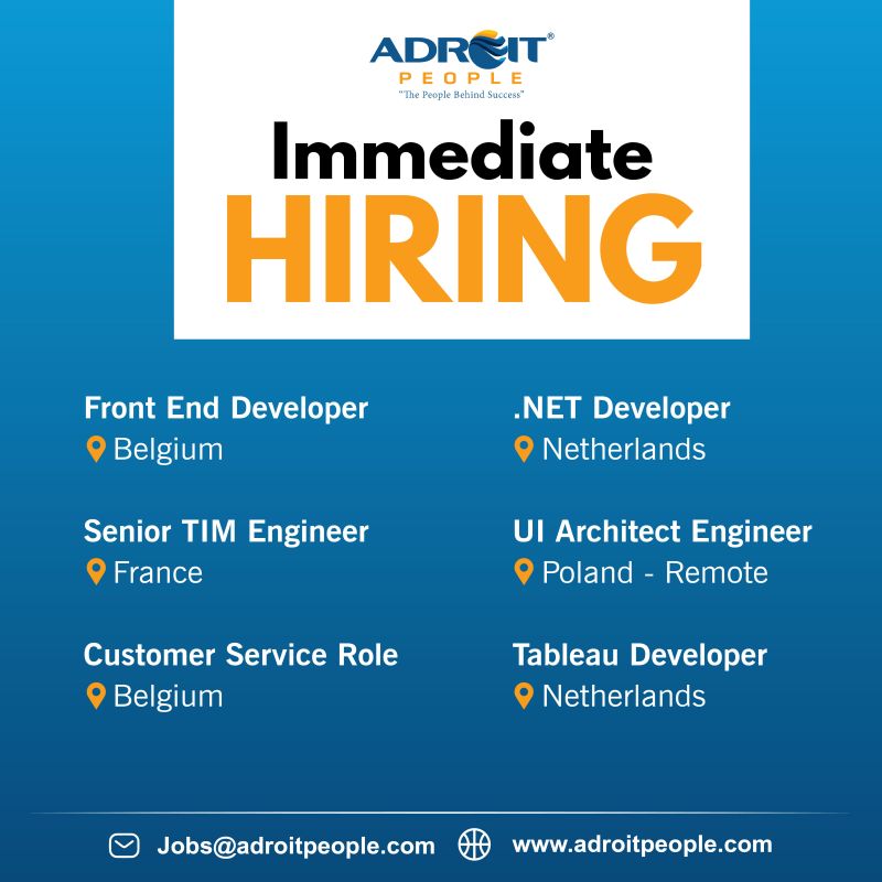 We have #multipleopenings
To #applynow please send your resume to jobs@adroitpeople.com

#netherlandsjobs #belgiumjobs #francejobs #poland #remotejob #frontenddeveloper #tableaudeveloper