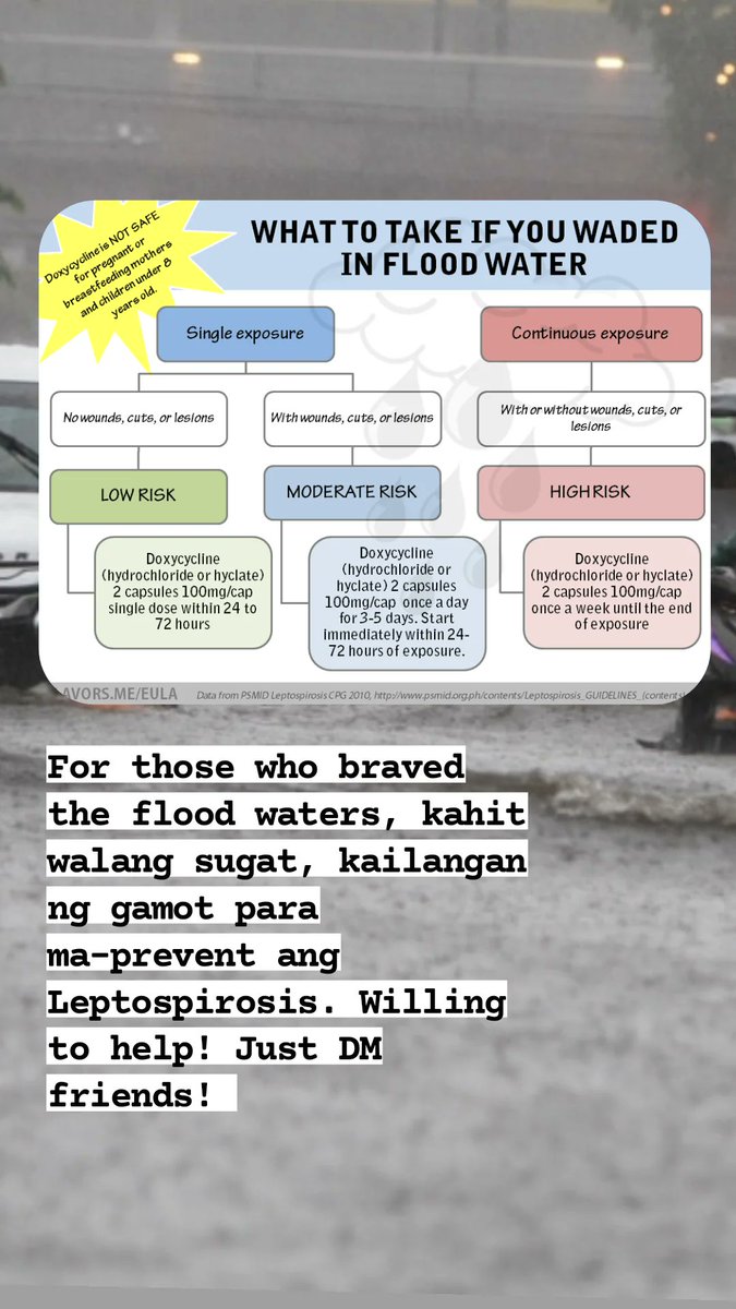 cbjaviermd's tweet photo. Para sa mga sumulong at nabasa ng tubig baha, meron man o walang sugat, you will need medications to prevent Leptospirosis. #Leptospirosis #Prevention https://t.co/zqBMkHpdRj