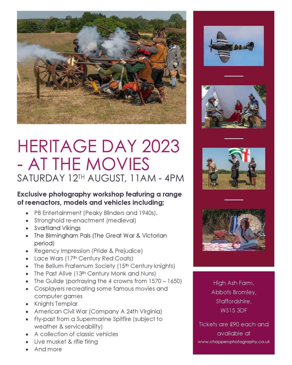 Heritage Day 2023 🎬📸 We have a fantastic line-up this year including a @RAFBBMF Spitfire flypast! 🛩Tickets available here; chappersphotography.co.uk/event-details/… High Ash Farm, Abbots Bromley #photography #photographyworkshop #spitfire #reenactment #reenactmentphotography