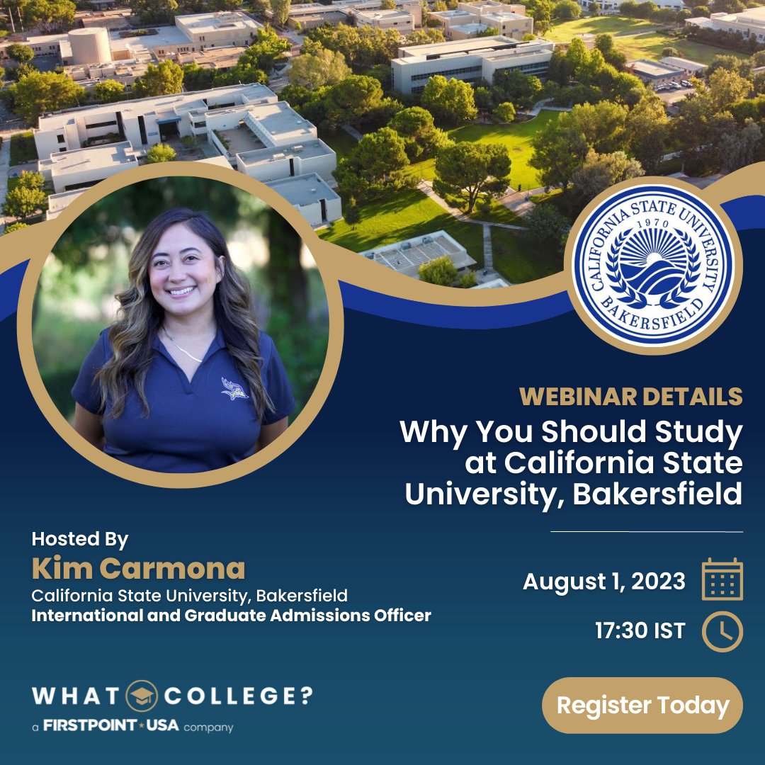 WhatCollege_com's tweet photo. 💻 WEBINAR  

We're delighted to announce our upcoming webinar with California State University, Bakersfield International and Graduate Admissions Officer, Kim Carmona.

📷 5:30pm (IST)
📷 Tuesday, 1st August

Register today: https://t.co/Dw7tRhoKEi https://t.co/AH6KwN8T3X
