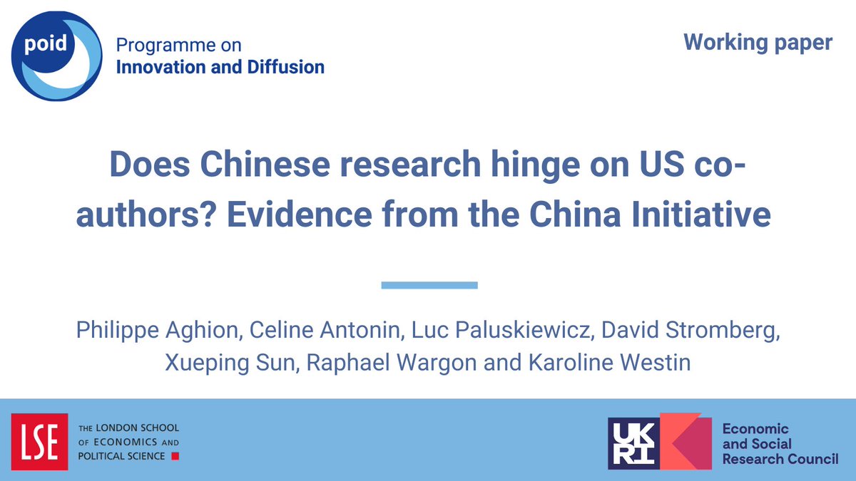 POID_LSE's tweet photo. Philippe Aghion, Celine Antonin, Luc Paluskiewicz, David Stromberg @xueping_sun Raphael Wargon &amp; Karoline Westin examine how US restrictions under the China Initiative affected the volume, quality and direction of Chinese research. 

Read: https://t.co/9j9yqclVQL https://t.co/QoisPpLaTg