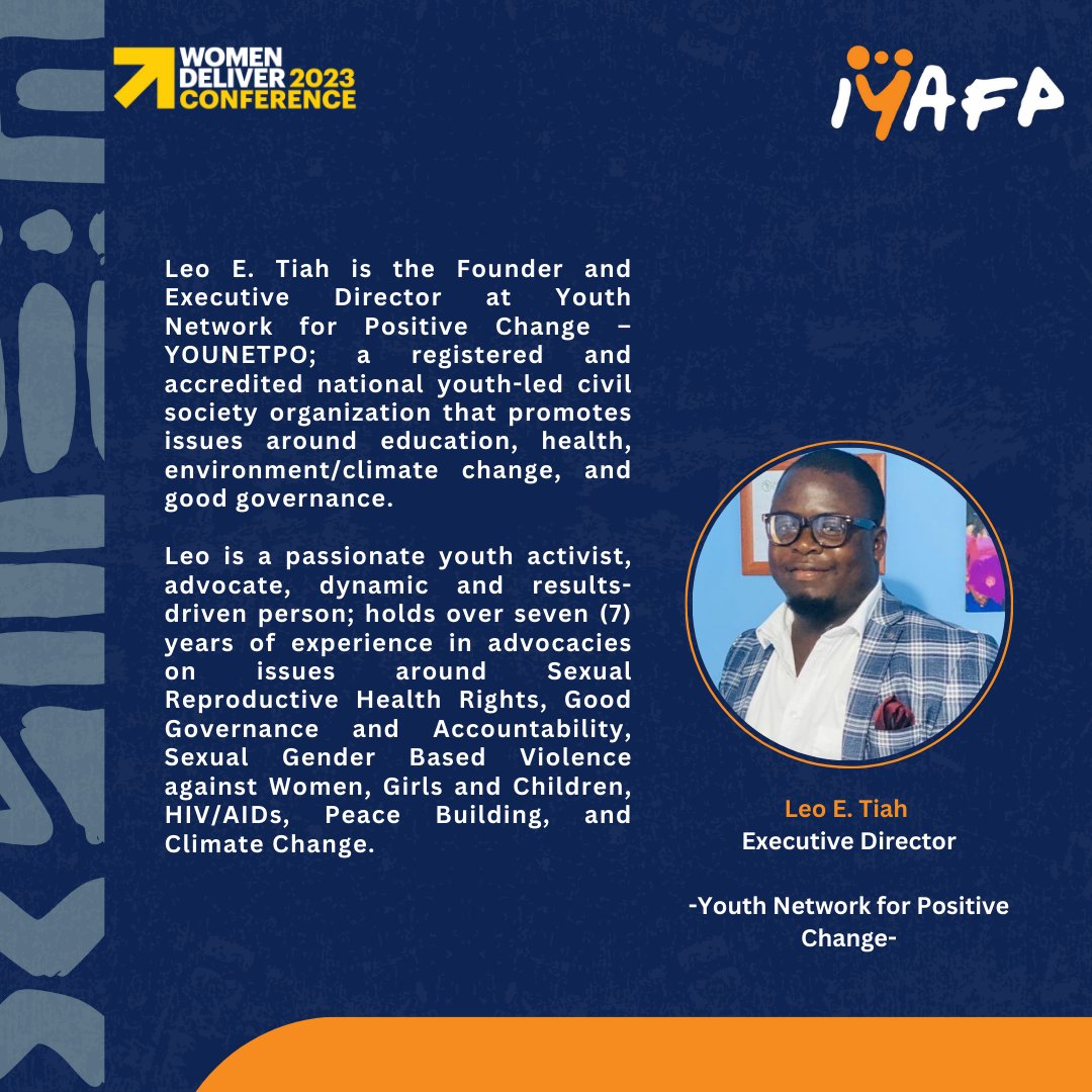IYAFP's tweet photo. Meet our Moderator for our side event at @WomenDeliver!

Leo E. Tiah is a fellow of the YALI Regional Leadership Center West Africa, Accra Emerging Leaders’ program; and he also holds a certificate of completion from the University of Georgia.

Please join us! 
#WD2023 #IYAFP https://t.co/1m0A99dO0z