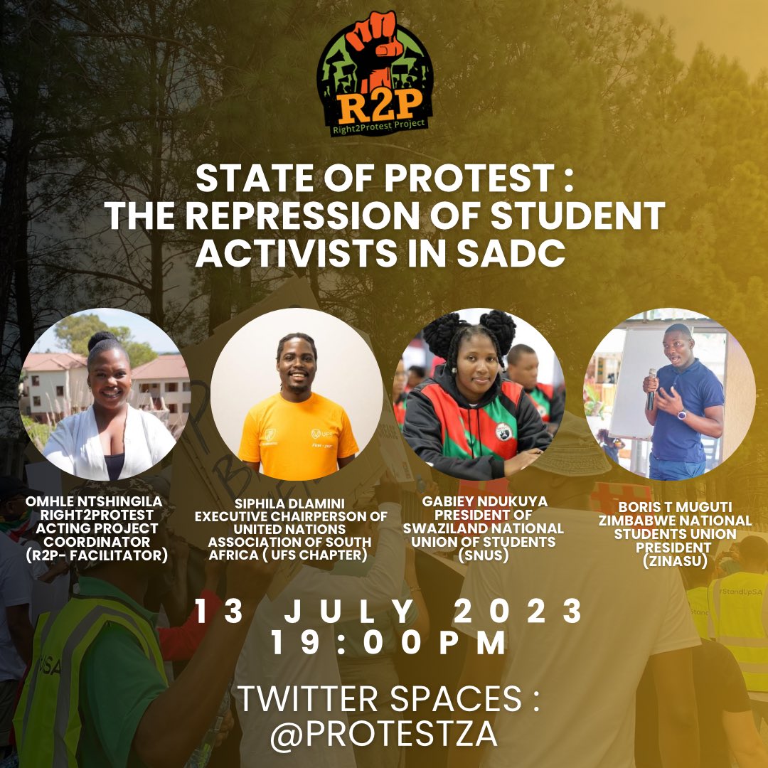 ProtestZa's tweet photo. 📢Twitter Spaces📢

Join us live on Twitter Spaces tonight 13 July 2023 at 19:00pm as our panelists of student activists, share their first-hand experiences of repression and analysis on challenges faced by students across Southern Africa.

#StudentActivists #ProtestSADC https://t.co/PEtAAK9OJV