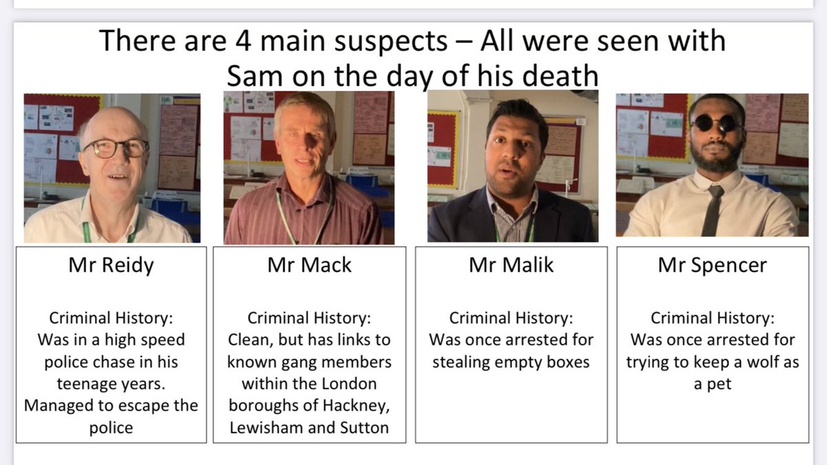 RicardsSTEAM's tweet photo. Breaking!!! A murder has taken place! Sam, a promising science technician who recently came in for an interview has been assassinated! Follow our year 8 scientists as they try and uncover which one of our suspects committed the crime @RicardsTweets https://t.co/pU6CzVA2mg