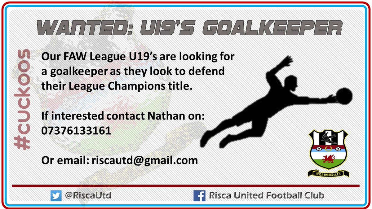 RiscaUtd's tweet image. 📢 Wanted: U19&apos;s Goalkeeper

Our FAW League U19&apos;s are looking for a goalkeeper as they look to build on the success of last season. If you are up for a challenge please get in touch.
#cuckoos