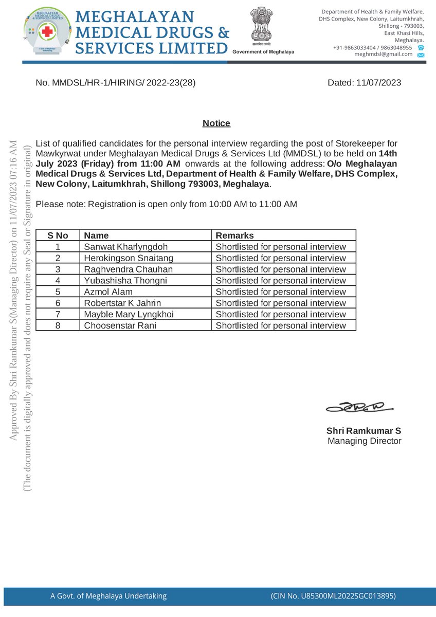 MeghalayaGov's tweet photo. List of qualified candidates for the #PersonalInterview regarding the post of Storekeeper for Mawkyrwat under Meghalayan Medical Drugs & Services Ltd (MMDSL) to be held on 14th July 2023 @meghalayahealth (https://t.co/cW7p2DVLDP) https://t.co/mwJhpKuEHZ