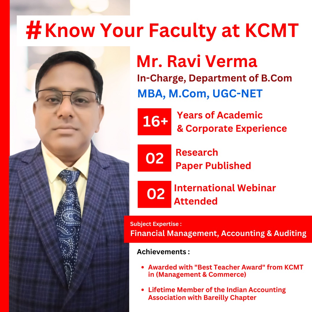 KcmtO's tweet photo. KnowYourFacultyAtKCMT, Business is made for Profit making, Which is possible only if everything is recorded as required. Our Mr. Ravi Verma Sir has been a core contributor in developing our students/budding entrepreneurs with the same Financial Management &amp; Accounting ability. https://t.co/GehOaV9owY