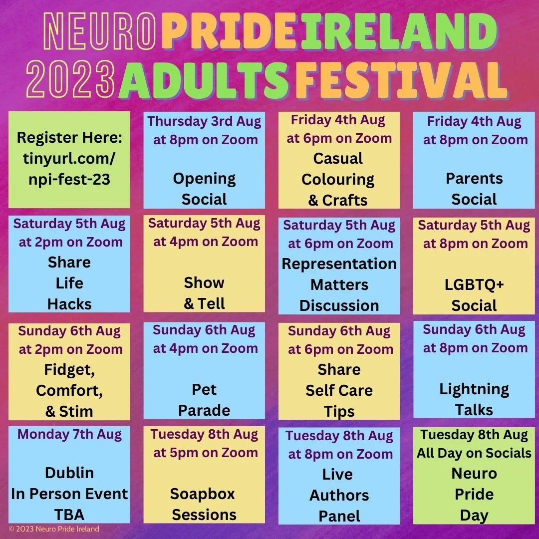 NeuroPrideIRL's tweet photo. Neurodivergent and Questioning Adults
We are so excited to announce this year's programmes.
Make sure to register over on our Eventbrite.
Link to Neurodivergent adults festival registration
https://t.co/uhVnE19nvS
#NeuroPride23
#Neurodivergent
#NeuroEvent https://t.co/yvnDQpXyTd