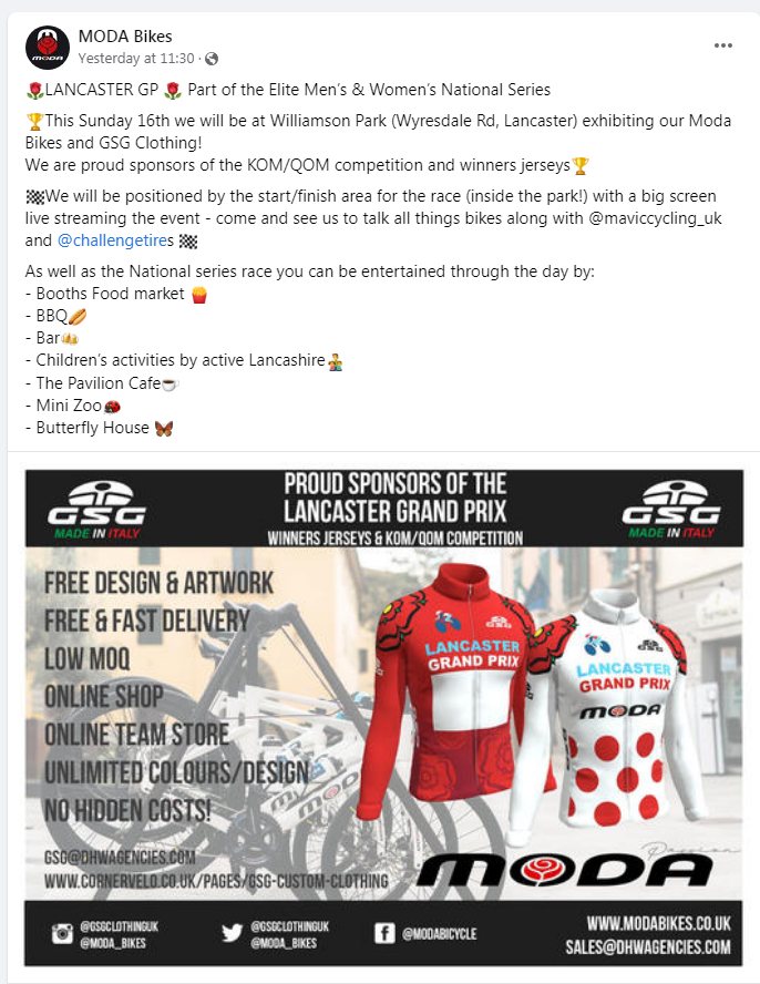 This Sunday at the <a href="/LancasterGPrix/">LancasterGrandPrix</a> , <a href="/moda_bikes/">Moda Bikes 🌹</a>  will be at Williamson Park (start/finish for the race) exhibiting their Moda Bikes and <a href="/GSGClothingUK/">GSG Clothing (UK)</a> !  

They are proud sponsors of the KOM/QOM competition and winners jerseys. They will be positioned by the start/finish area