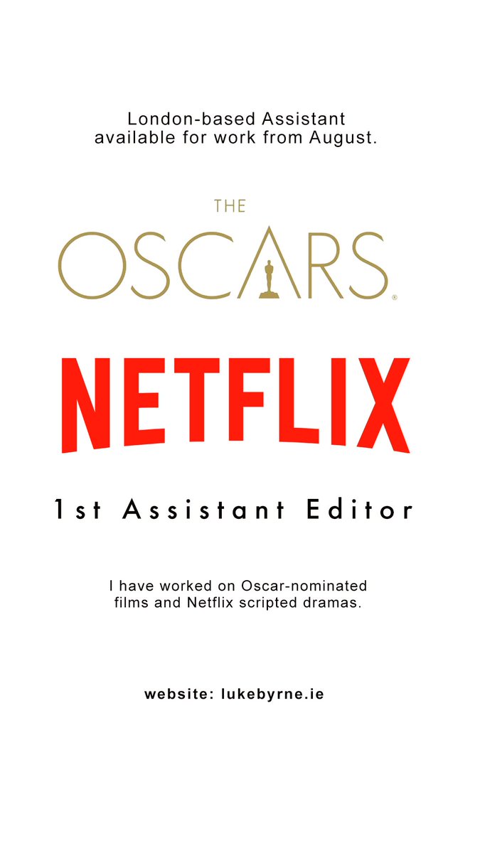 LukeByrne1's tweet image. Hi! I'm wrapping on my Netflix show end of July and looking for some AE work from August onwards. 
London based. Can work remotely too! 

Credits and work can be viewed on my website:
lukebyrne.ie 

#PostChat