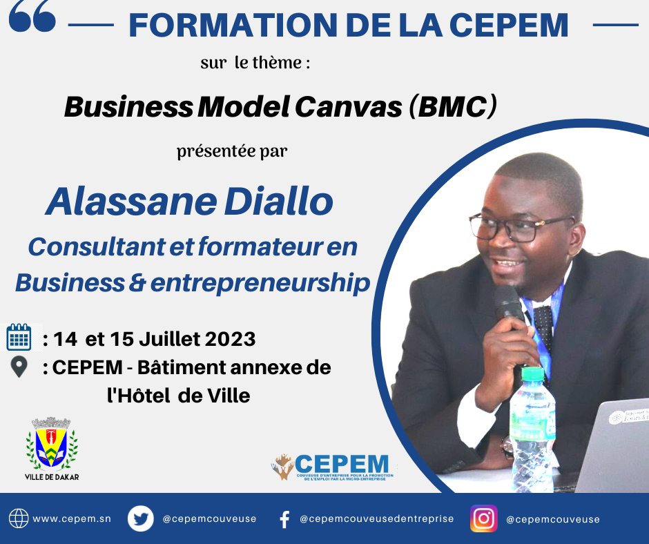cepemcouveuse's tweet photo. 📣 Formation pour les entrepreneurs de la CEPEM ! 🚀

📚 sur le BMC avec Monsieur Alassane Diallo 📚

Dans le cadre du parcours d'accompagnement des entrepreneurs de la CEPEM, nous sommes ravis de vous annoncer que Monsieur Alassane Diallo, consultant et formateur en business et https://t.co/X4OPqNwGRt