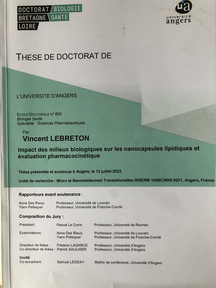 Vincent_Leb's tweet photo. L’aventure de la thèse s’est achevée hier! Un grand merci à mes encadrants @frlagarce @PatrickSaulnier @samuellegeay pour la confiance accordée pendant ces 4 années. Merci également au jury pour la discussion ainsi qu’à tous les membres @LabMint  et @laliguecancer et @chu_angers. https://t.co/26RSNRqw0X