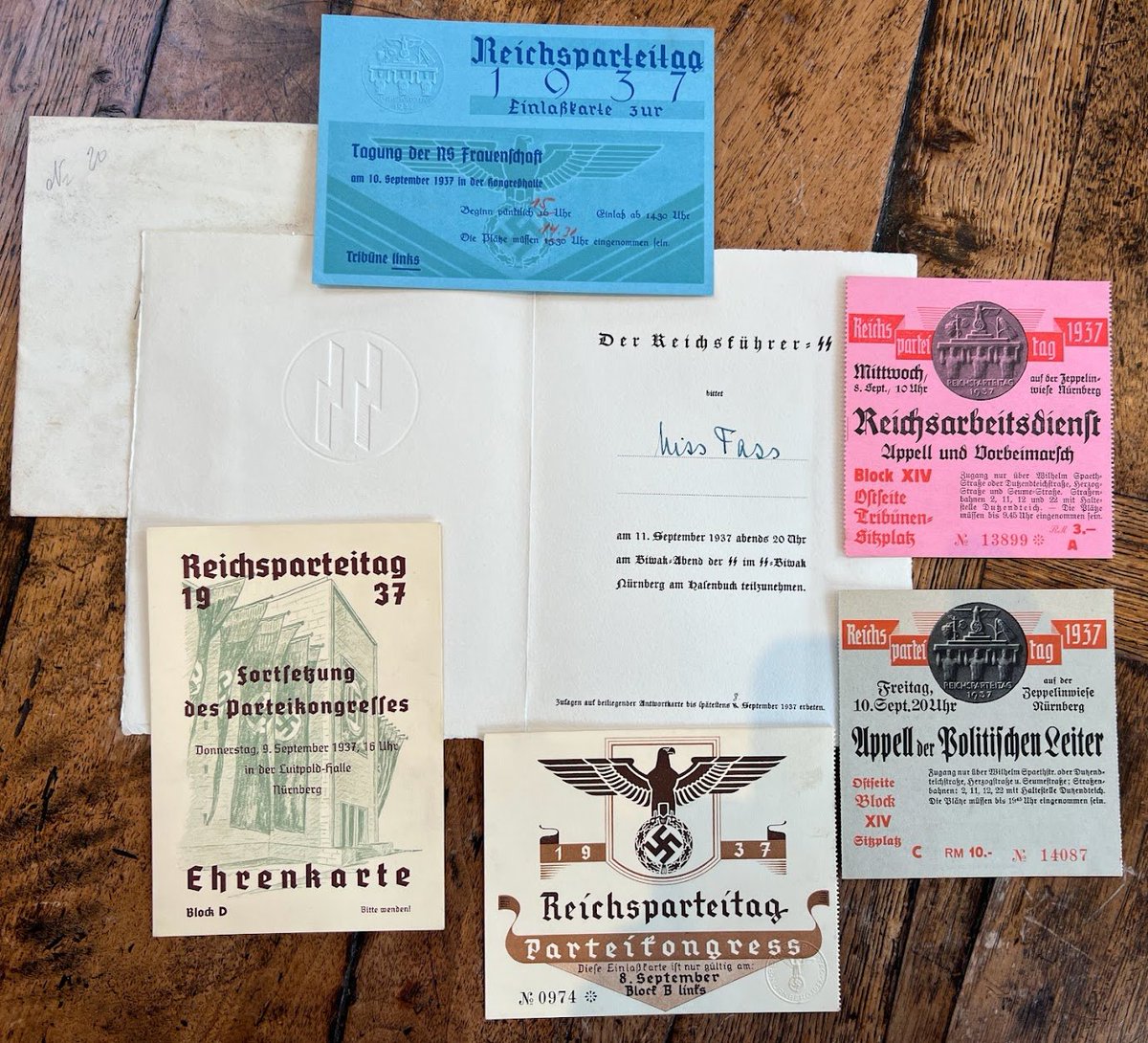 Intriguing recent discoveries, Part 1. Found in a suitcase of interwar Anglo-German ephemera. Tickets for a British visitor to the key events at the 1937 Reichsparteitag (Nazi Party Rally). #CoffeewithHitler @OneworldNews
