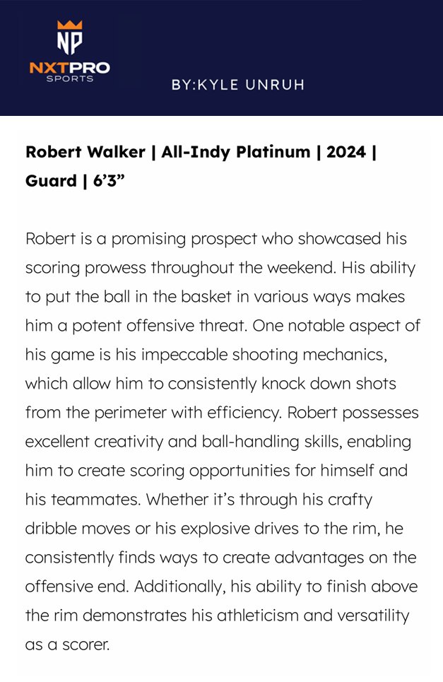 Good Stuff! It wonderful for others to witness what I see in practice &amp; games. Rob is shooting 44% from the arc this summer, a continuation from his HS season.  He's one of the best 2024 - HS shooters!
<a href="/33robertw/">Robert Walker</a> 
<a href="/kyleunruh/">Kyle Unruh</a> 
 <a href="/CrissBeyers/">CrissBeyers</a>