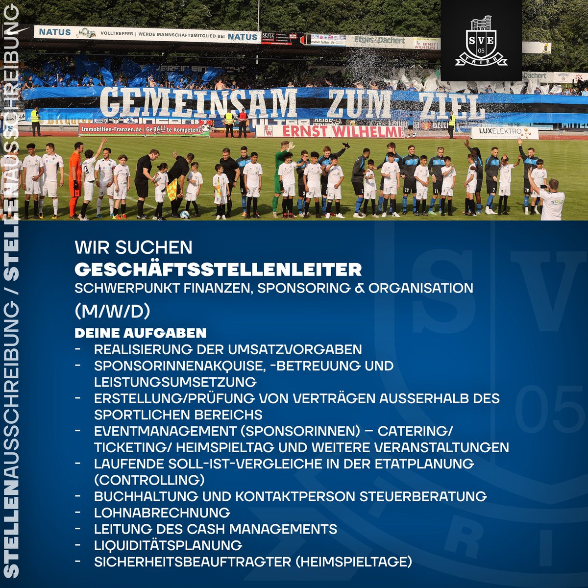 Eintracht-Trier sucht Geschäftsstellenleiter Schwerpunkt Finanzen, Sponsoring &amp; Organisation 

Weitere Informationen findet ihr auf unserer Homepage! 💻 
eintracht-trier.com/2023/07/13/ein…

🔵⚫️⚪️
#eintrachttrier
#portaaufderbrust 
#blauschwarzundweiß 
#mirsenndaobei

📸: Sebastian Schwarz