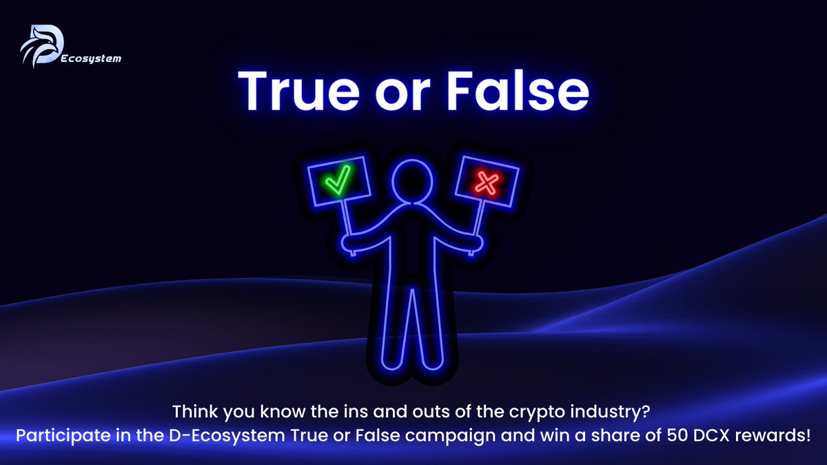 vespel_nub's tweet photo. 🎉Test your crypto knowledge with our "True or False" game.

Here's how to participate:

1️⃣ Be sure to attend the AMA yesterday to qualify for the game.
2️⃣ At 8 PM Thailand time, we'll present 10 crypto-themed true or false questions.
3️⃣ Be the first to correctly guess if each statement is true or false to win!

Guess right, and you could bag 5 DCX per correct answer, up to a total of 50 DCX! 💰

So, come along for the ride, and let's have a day full of learning, fun, and winning!