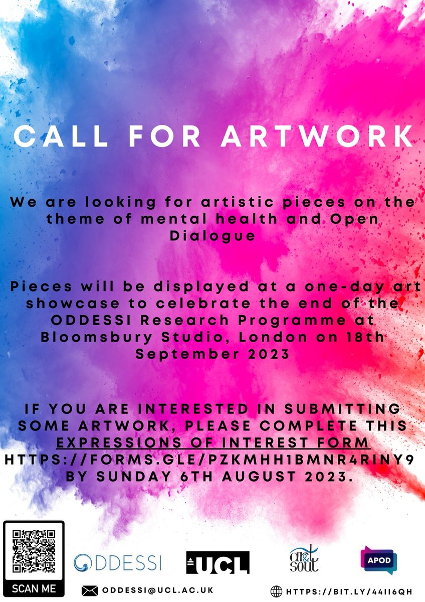 🎨Call for artwork!🎨

We are looking for artistic pieces on the theme of 'mental health and Open Dialogue' to be displayed at an art showcase in London on 18th September 2023. 

If you are interested, please complete this submission of interest form: forms.gle/crKVpbS4t91s3A…