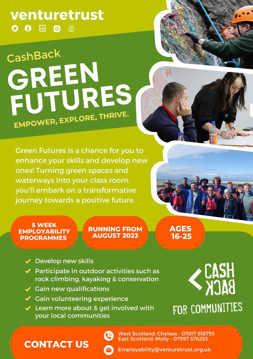 CVenturetrust's tweet photo. We’re excited to welcome our new Green Futures participants next month. We still have spaces available for our upcoming August course if you or a young person you know would be interested in joining us DM me or use our referral link in my bio! https://t.co/xlwoLpciEe